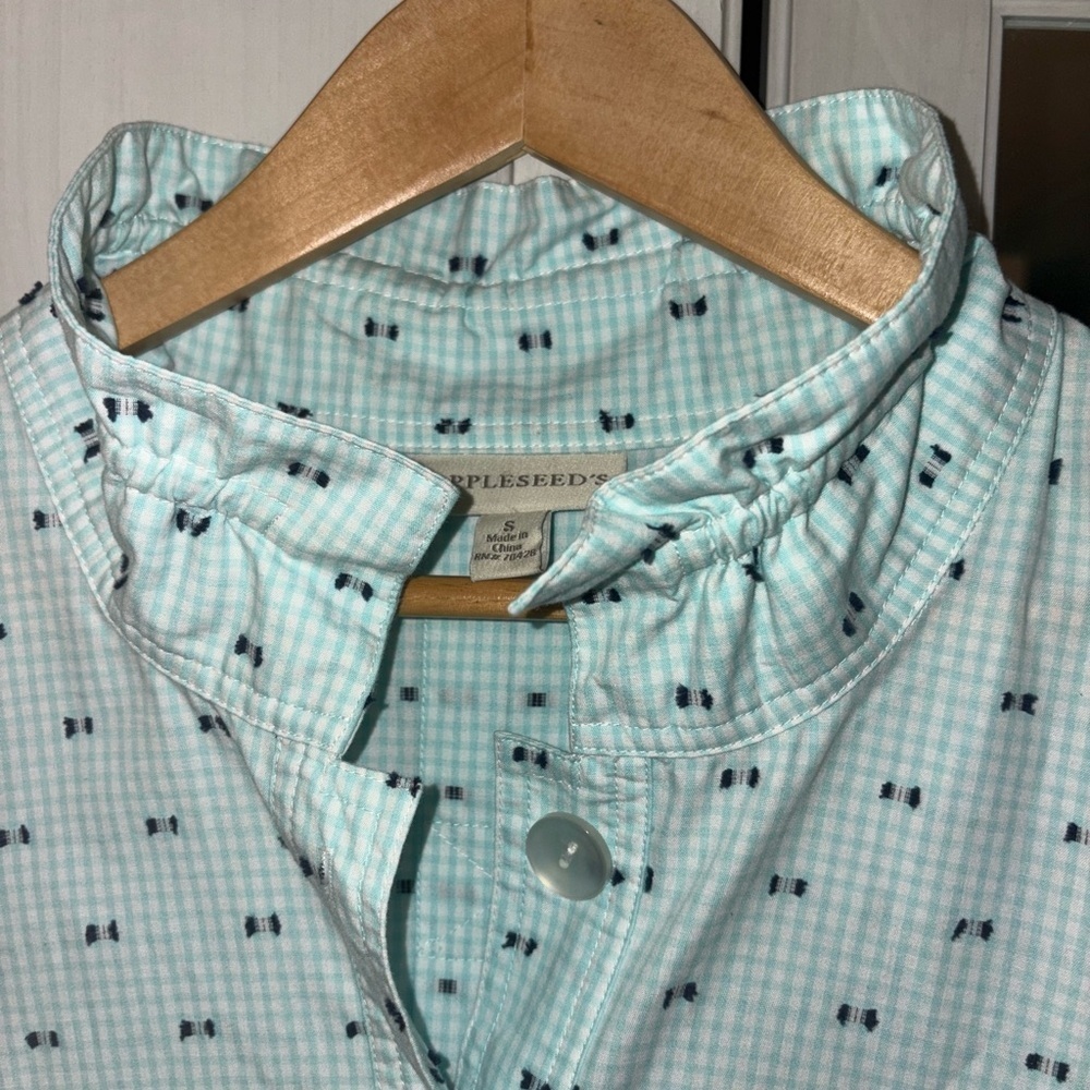 Seersucker Tunic Teal White with navy polka dot Ruffle Collar - Picture 5 of 6